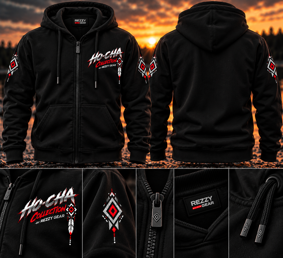Rezzy Gear Ho-Cha black full-zip hoodie with red white and silver artwork