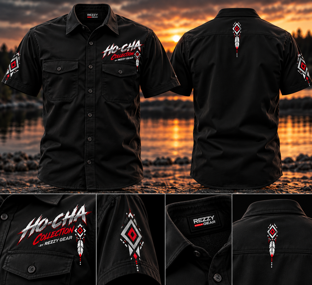 Rezzy Gear Ho-Cha black short-sleeve button-up with red white and silver artwork