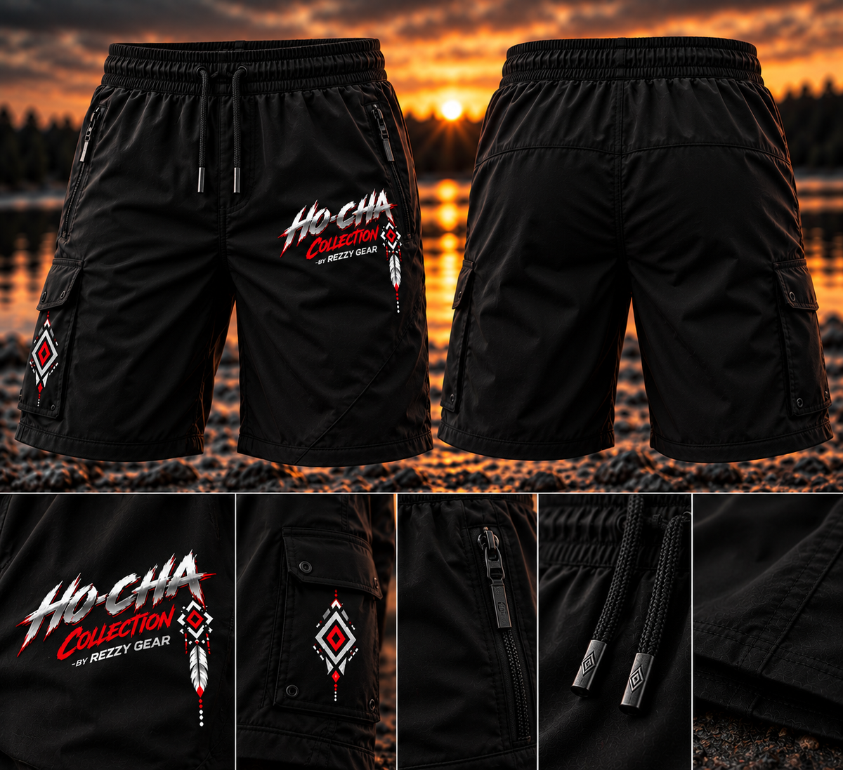 Rezzy Gear Ho-Cha black cargo shorts with red white and silver artwork