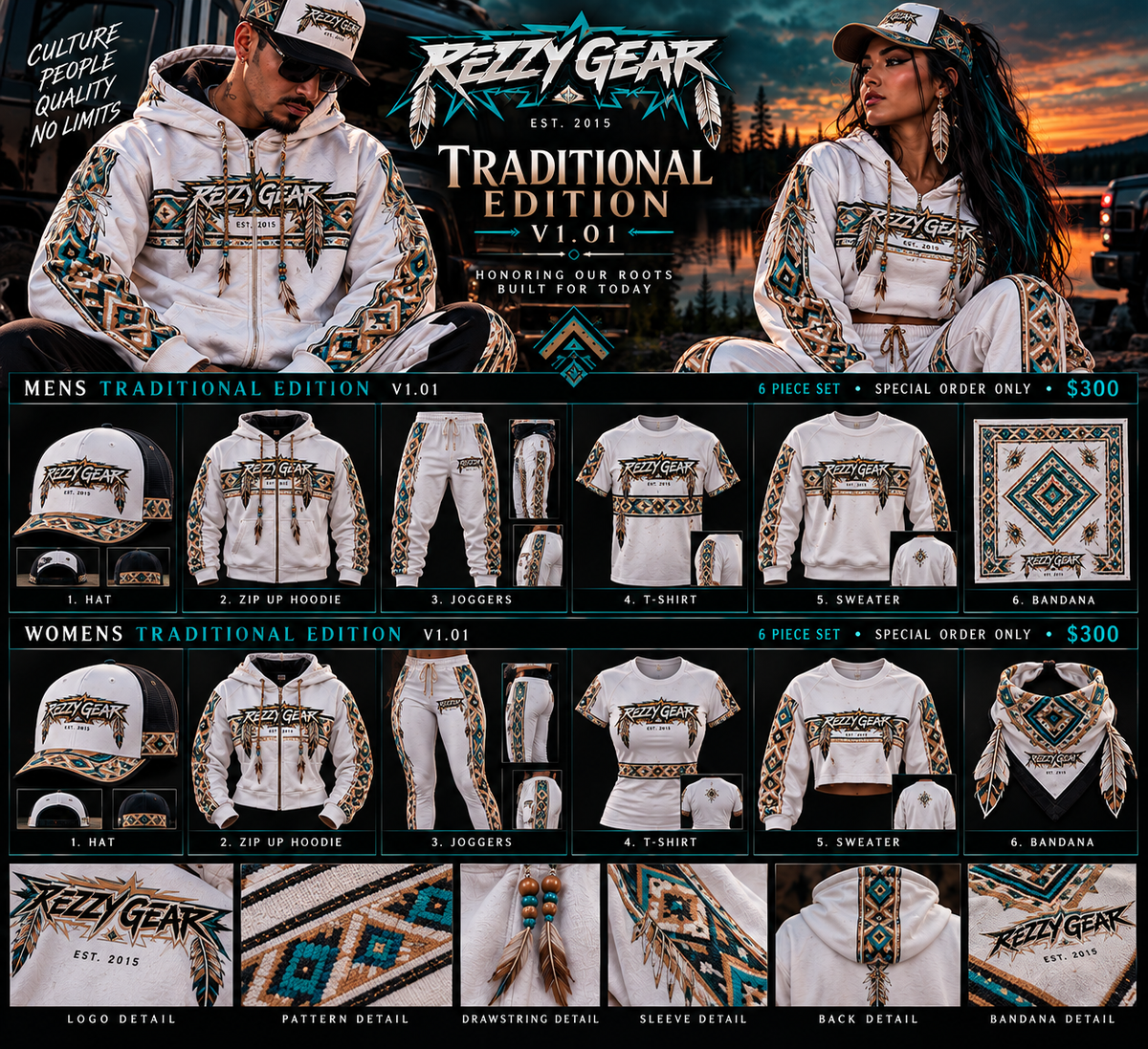 Rezzy Gear Traditional Edition white tan and teal apparel showcase